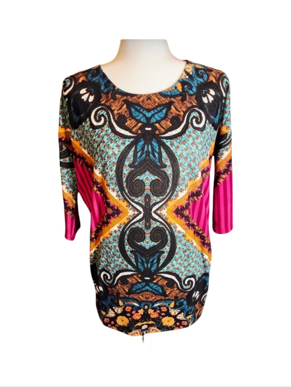 VTG Moa Moa Abstract Bohemian Tunic Top 3/4 Sleeve Small MINT